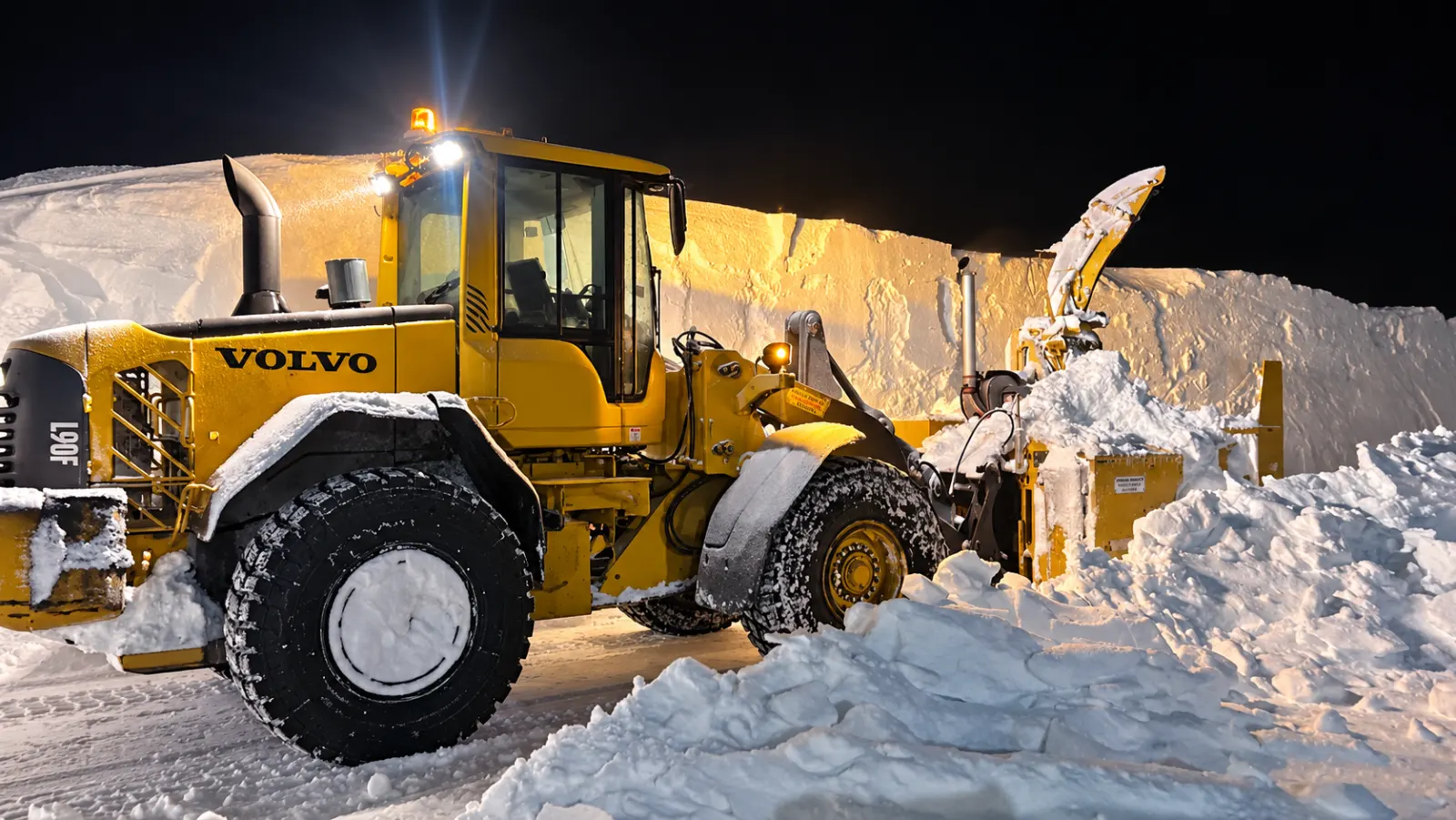 Chargeuse et souffleuse en déneigement de nuit