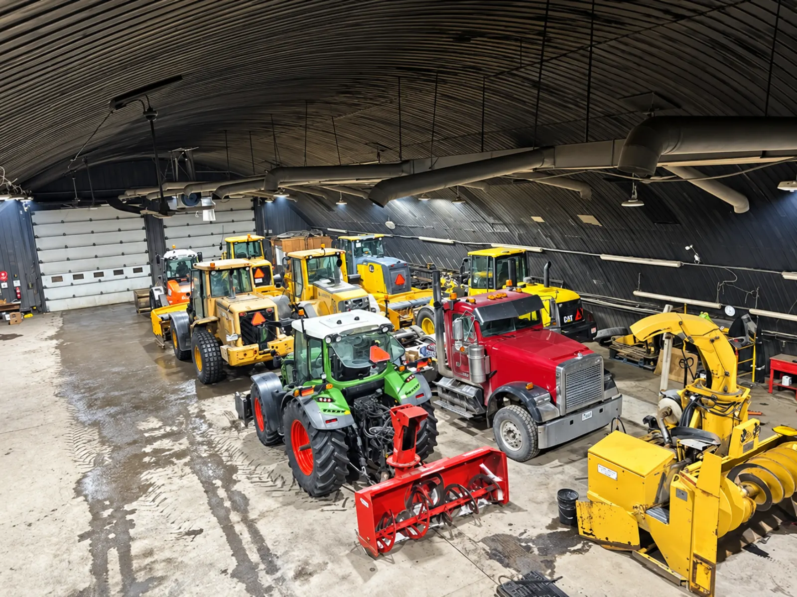Garage de Service M. Gagné rempli de chargeuses, camions et souffleuses
